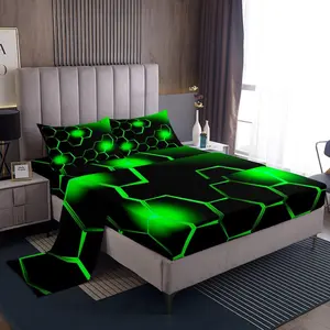Feelyou Green and Black Microfiber Bedding Sheet Set - Honeycomb Pattern Decorative Bedsheet Sets, Breathable Soft Breathable Sheets for Boys, Geometrical Decor Linens