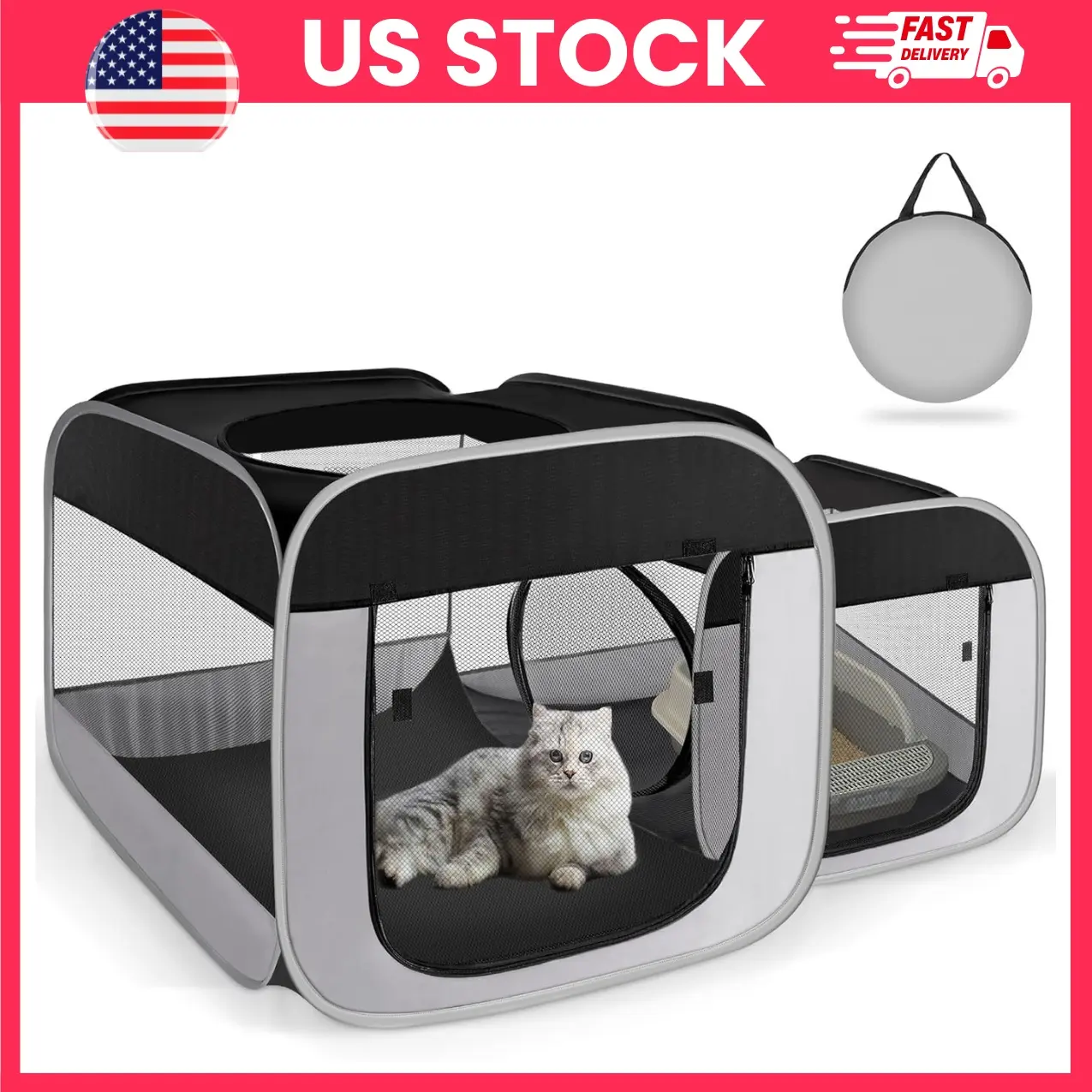 Cat Playpen, Large Cat Playpen Indoor, Portable Cat Enclosure Tent for Indoor Cats, Pet Playpen for Cats & Small Dogs, Foldable Puppy Playpen with Separate Areas, Cat Kennel Cage with Carry Bag, Indoor Outdoor Pet Tent for Travel Camping Christmas Gifts