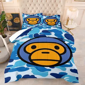 Blue Camo & Cartoon Monkey Comforter Set and 1-2 Coreless Pillowcases, Soft Warm Polyester Fiber Wadding, Street Style Camouflage & Large Animal Pattern, Fresh Playful Style Bedroom Decor, Gift Choice
