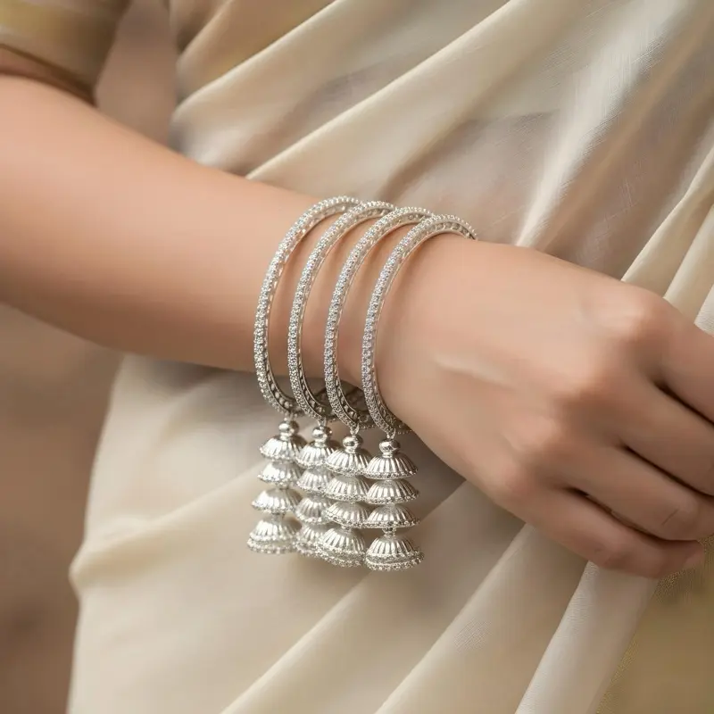 Silver Plated CZ Crystal 4pcs set Tassels bangles size 2.4 with, Indian Jewelry, Bollywood Style