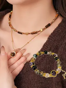 Tiger Eye Stone Decorated Necklace & Bracelet & Pendant Necklace, Fashion Jewelry for Party, Daily Clothing Decor, Trendy All-match & Exquisite Jewelry for Birthday Gift