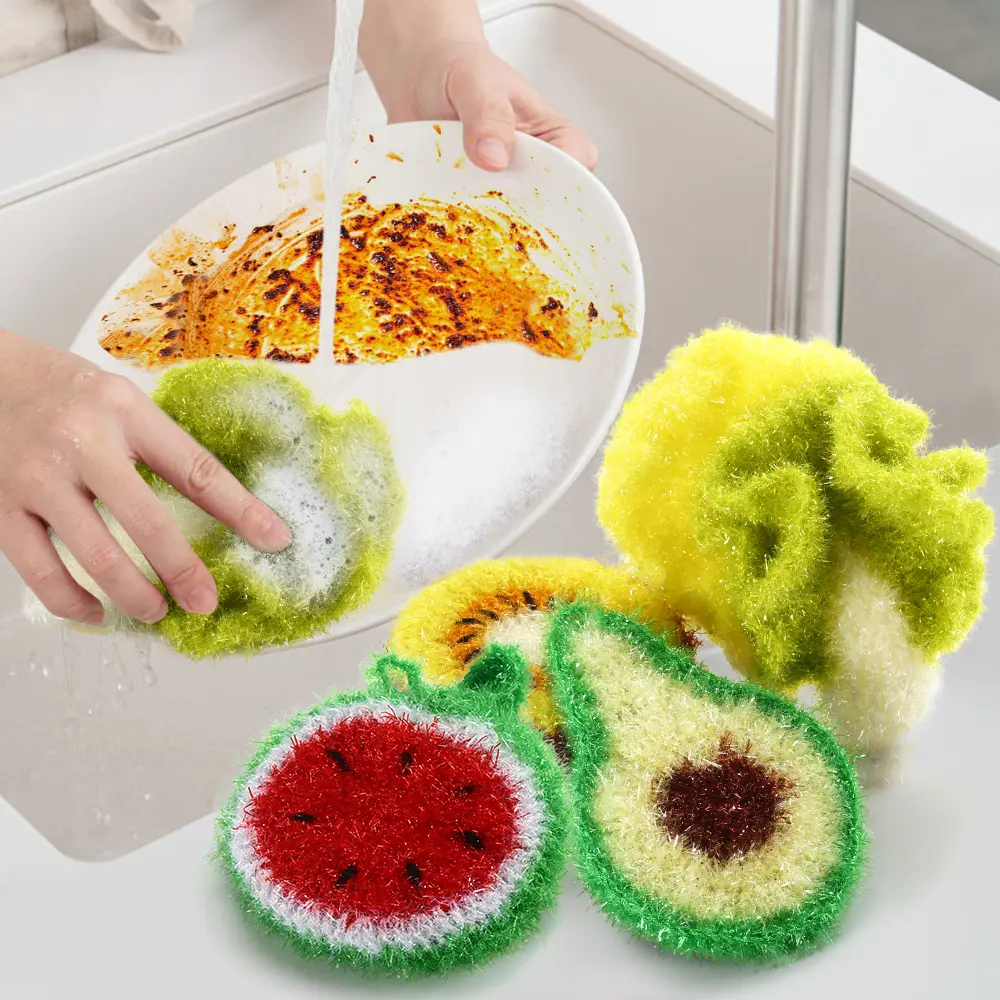 [BUY 3 GET 2 FREE] Scratch-Free Hand-Knitted Multipurpose Dish Scrubbers,Reusable Kitchen Scouring Pads Sponges for Washing,Cleaning Scrubber (Watermelon/Kiwi/Avocado/Cabbage/Greens for Sale)