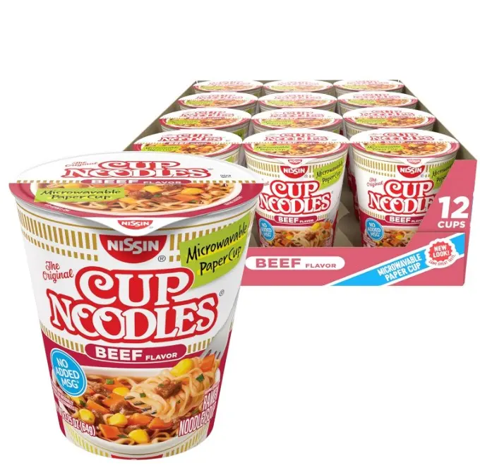 Nissin Cup Noodles Soup, Beef Flavor, Microwaveable Paper Cups, Instant Ramen, 2.25 Ounce (Pack of 12) | Instant Ramen Noodle Soup, Microwaveable Paper Cups