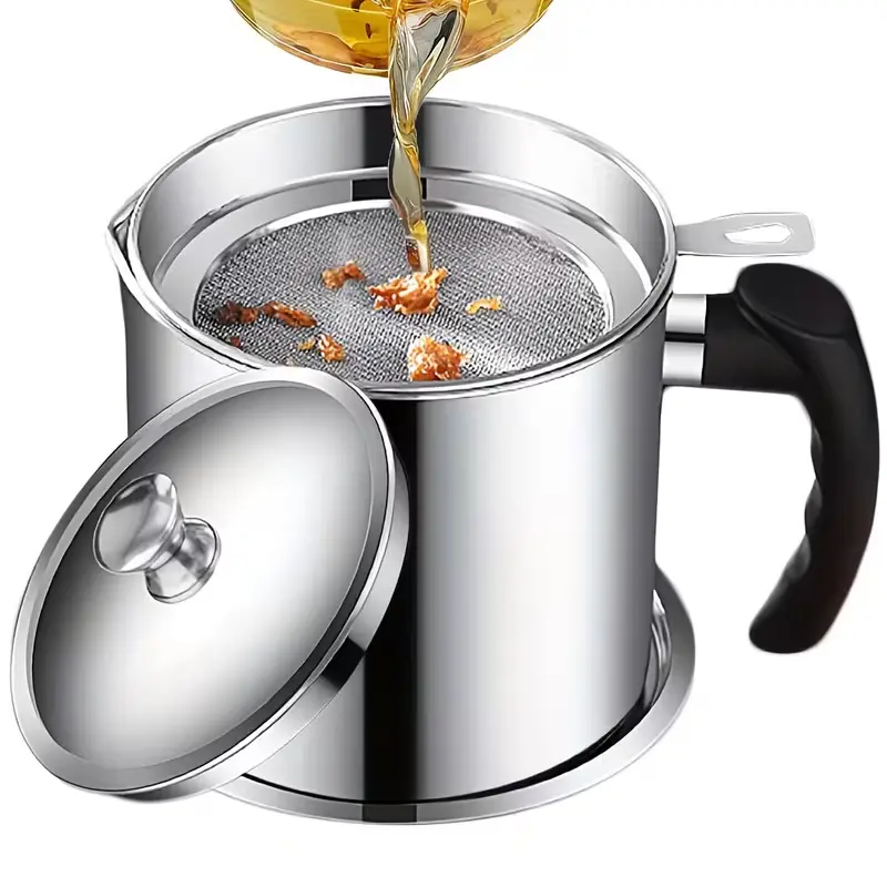 Stainless Steel Kitchen Grease Container with Strainer - Easy-Pour Handle, Ideal for Cooking Oil & Grease Storage, Essential Kitchen Accessory, Grease Can for Kitchen-1.3L
