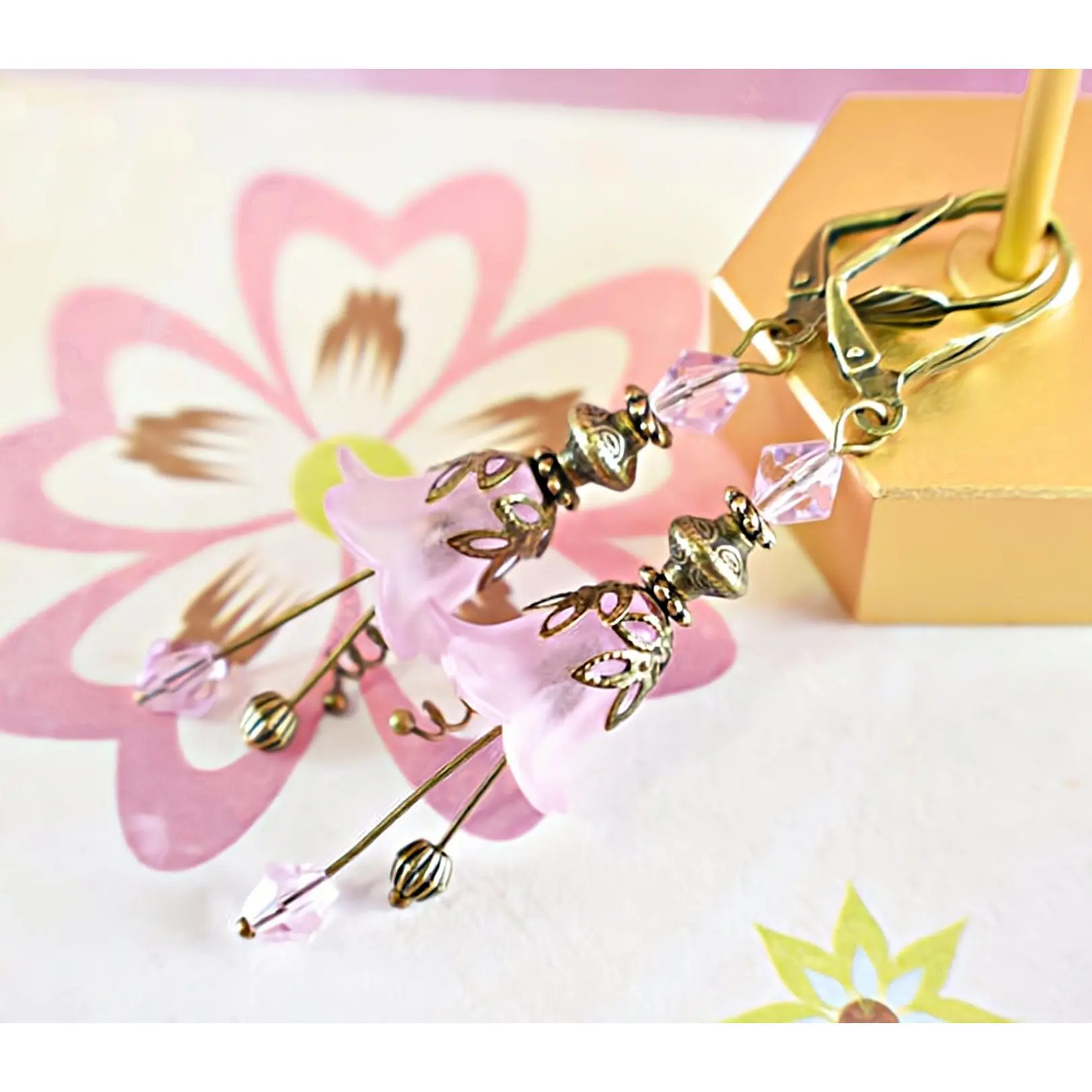 Chic Brico Vintage Victorian Style Rosy Pink and Antique Bronze Bell Flower Lucite Earrings