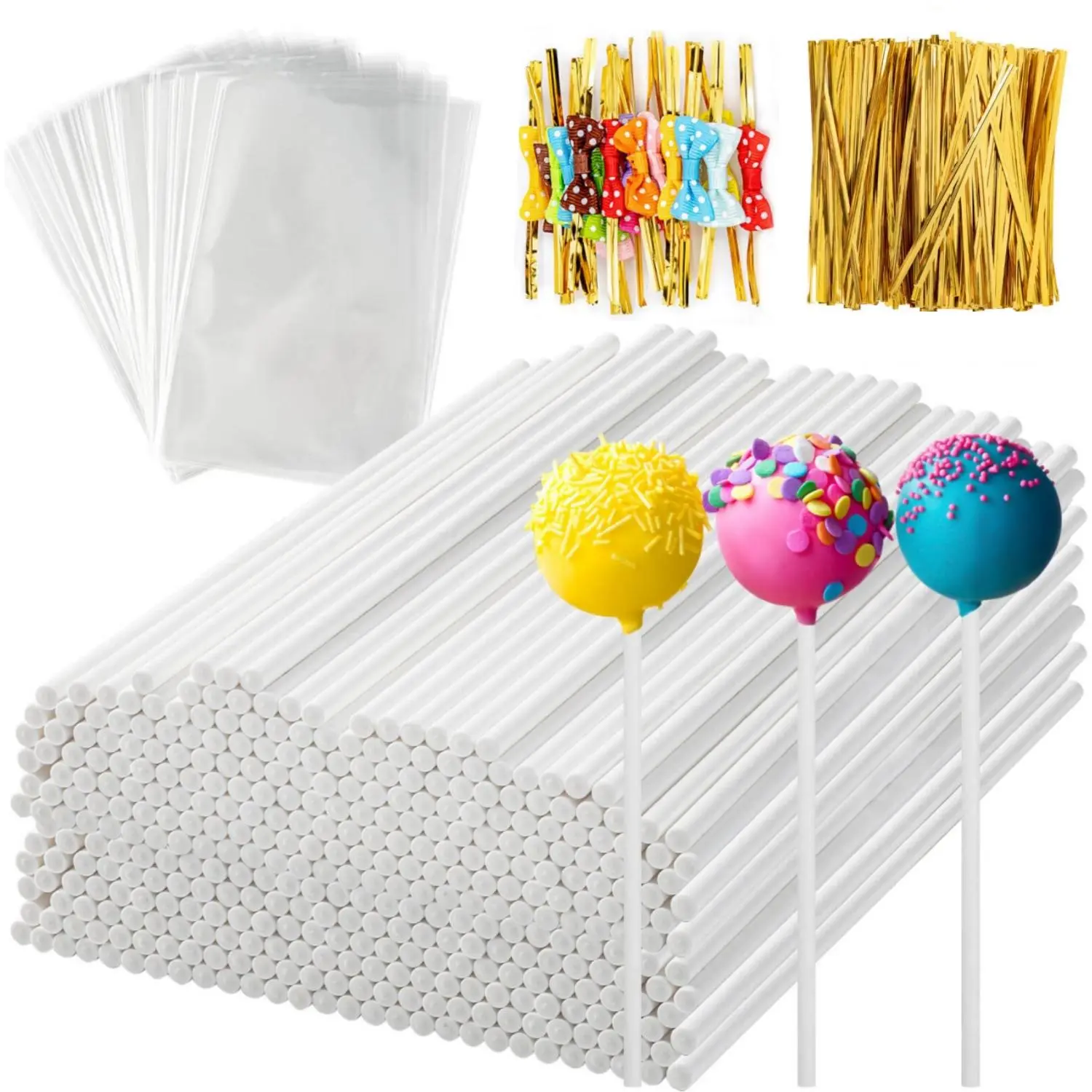 Pack of 700 6 Inch Cake Pop Sticks with Clear Treat Bags & Gold Twist Ties, Cake Pops Making Tools for Lollipops, Candies, Chocolates Cookies