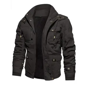 Men’s Thickened Warm Mid-Length Heavy Jacket with Hood, Multiple Pockets, Zipper, Casual Workwear for Outdoor Activities   Black Collar