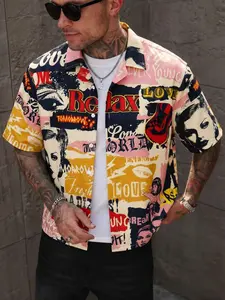 Retro Pop Art Collage Pattern Shirt, Men's Retro Street Button, Breathable and Comfortable Fabric, Bold Graffiti Pattern, Suitable for Summer Leisure and Urban Style. # 2026 Summer Top