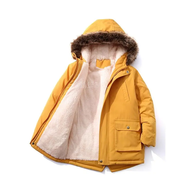 Boys' Polyester Heavy-Duty Winter Parka - Thick Insulated Hooded Jacket with Fur-Like Trim, Bright Yellow Cold-Weather Outerwear, Front Zipper Closure, Side Pockets for School, Playdates