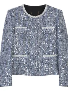 Women's Glitter Sequin Decor Tweed Jacket, Elegant Fashion Fitted Round Neck Long Sleeve Outerwear for Daily Outdoor Wear, Ladies Clothes for Spring & Fall, Womenswear Coats