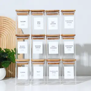 High Borosilicate Glass Spice Jar with Label and Bamboo Lid (24 x 8 Ounces), Spice Container with 72 Printed Labels and 20 Handwritten Labels, Empty Square Seasoning