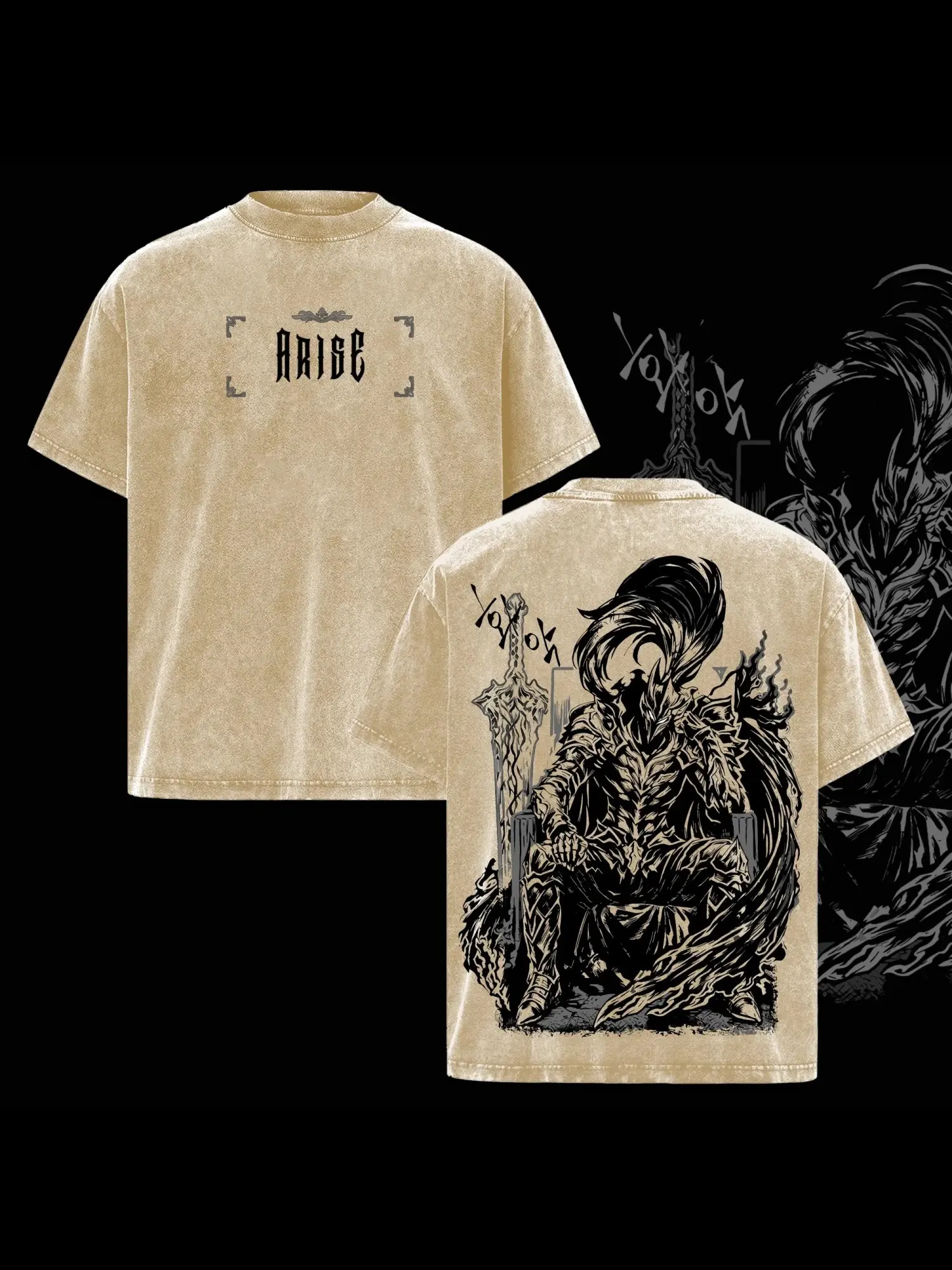 Oversized T-Shirt with Igris Solo Leveling Graphic, Vintage Washed Fabric, Unisex Casual Streetwear Top with Short Sleeves, Shortsleeve, Tshirt, Menswear, Round Neck, Unisex Streetwear, Dark Anime Graphic Shows Your Fandom