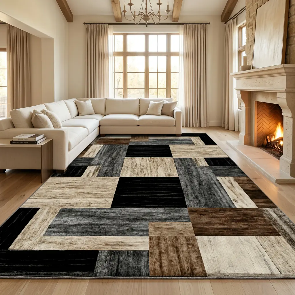 Black Brown Geometric Patchwork Washable Area Rug 8x10 5x8 4x6, Soft Velvet Low Pile Non Slip Indoor Carpet, Modern Abstract Rug for Living Room Bedroom Dining Decor