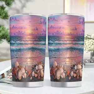 One Piece of a 20-Ounce Insulated Stainless Steel Cup Featuring Seashells And Starfish, Designed As a Leakproof Travel Mug. This Bpa-Free Sports Water Bottle Is Perfect for Beach Trips, Vacations, And Seaside Outings, Making It an Ideal Gift for Bir