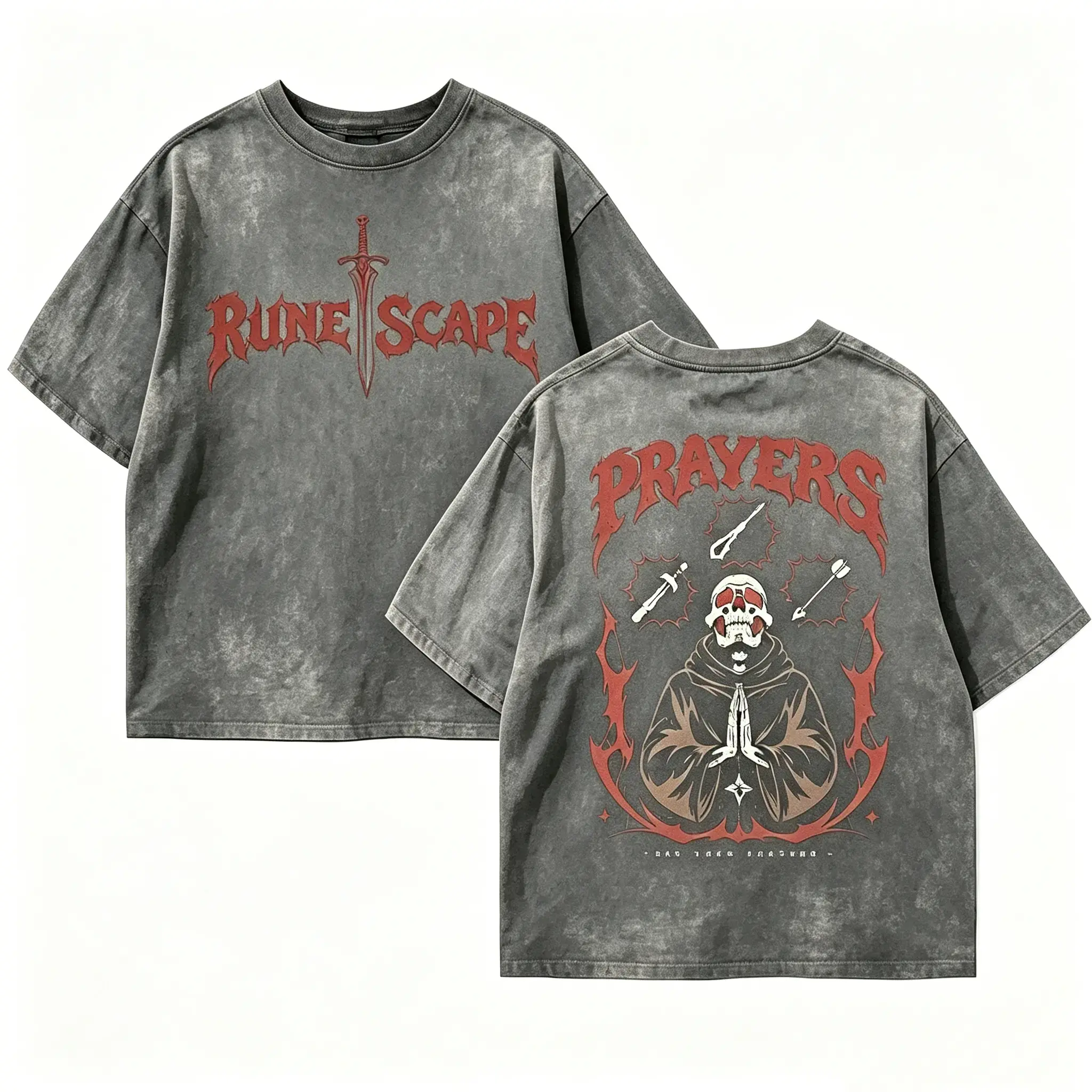Acid Wash OSRS Say Your Prayers Gamer T Shirt Old School RuneScape Inspired Tee MMORPG Gaming Shirt Dark Fantasy Graphic Tee Funny RPG Shirt Unisex Cotton Tee Gamer Gift for Him Her Retro Gaming Streetwear Casual Outfit,funny graphic tee,   good graphic