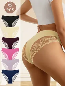 6-Pack Woman Low-Rise Briefs With Elegant Lace Trim Sexy, Breathable Comfortable Soft Women's Bikini Panties Womenswear