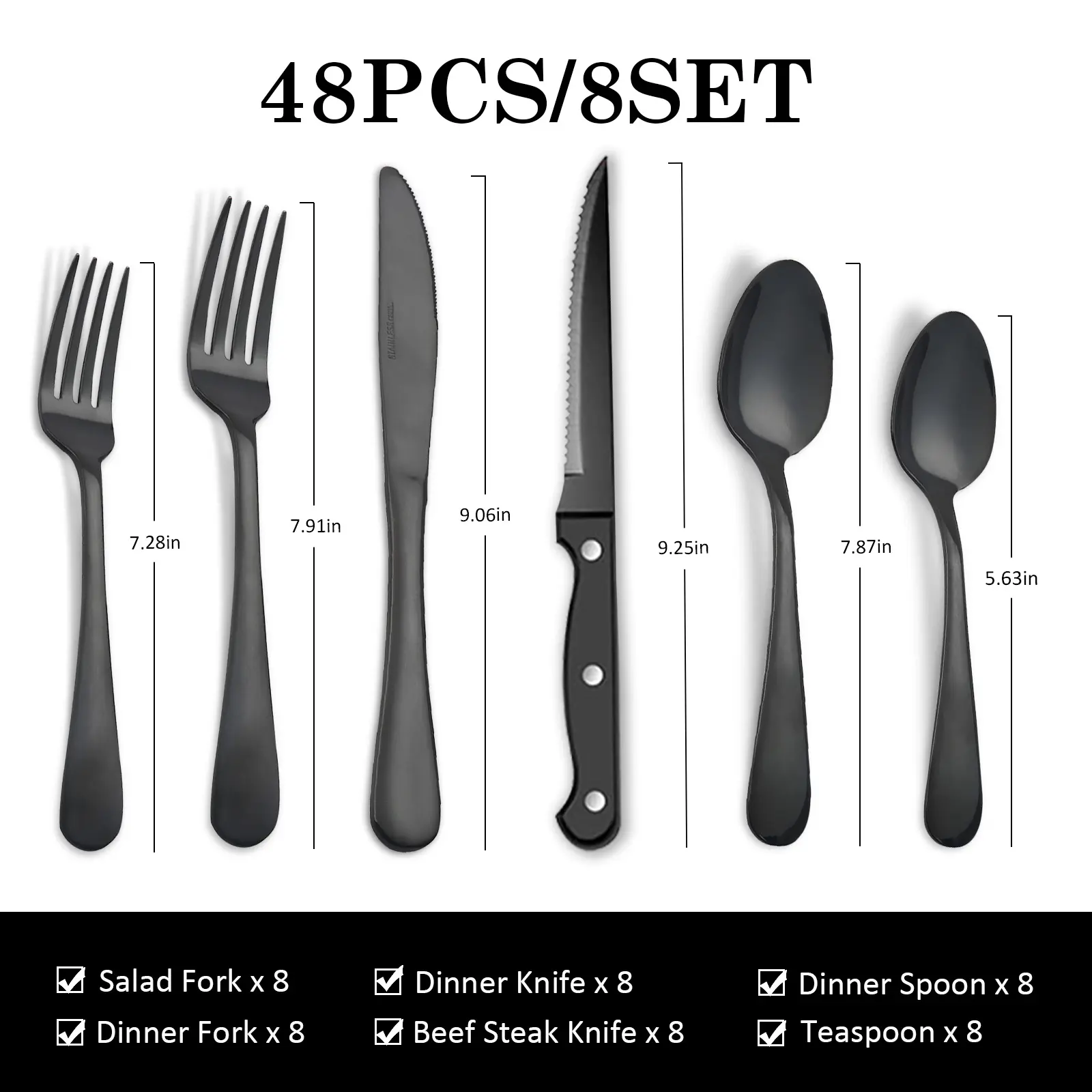 Delilah 48PCS Food Grade Stainless Steel Silverware Set with Steak Knives - Service for 4, Dishwasher Safe, Elegant Dining Table Use, Family Gatherings, Versatile Kitchen Tableware Cutlery Set, Home Use