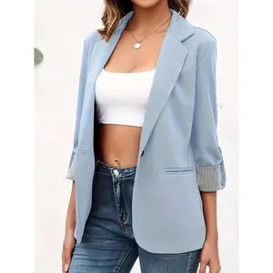 Elegant Open-Front Blazer for Women – Slim Fit, 3/4 Sleeves, Solid Color with Pockets, Perfect for Spring and Autumn, Elegant Style, Relaxed Fit, Spring/Autumn Women’s Knitwear
