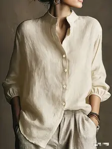 Women's Pure Color Stand Collar Shirt, Loose Fit Long Sleeve Top, Vintage Style Spring & Fall Fashion, Versatile Ladies' Blouse