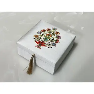 6" x 6" White Silk Keepsake Box with Multi-Colored Zardozi Embroidery and Gemstones