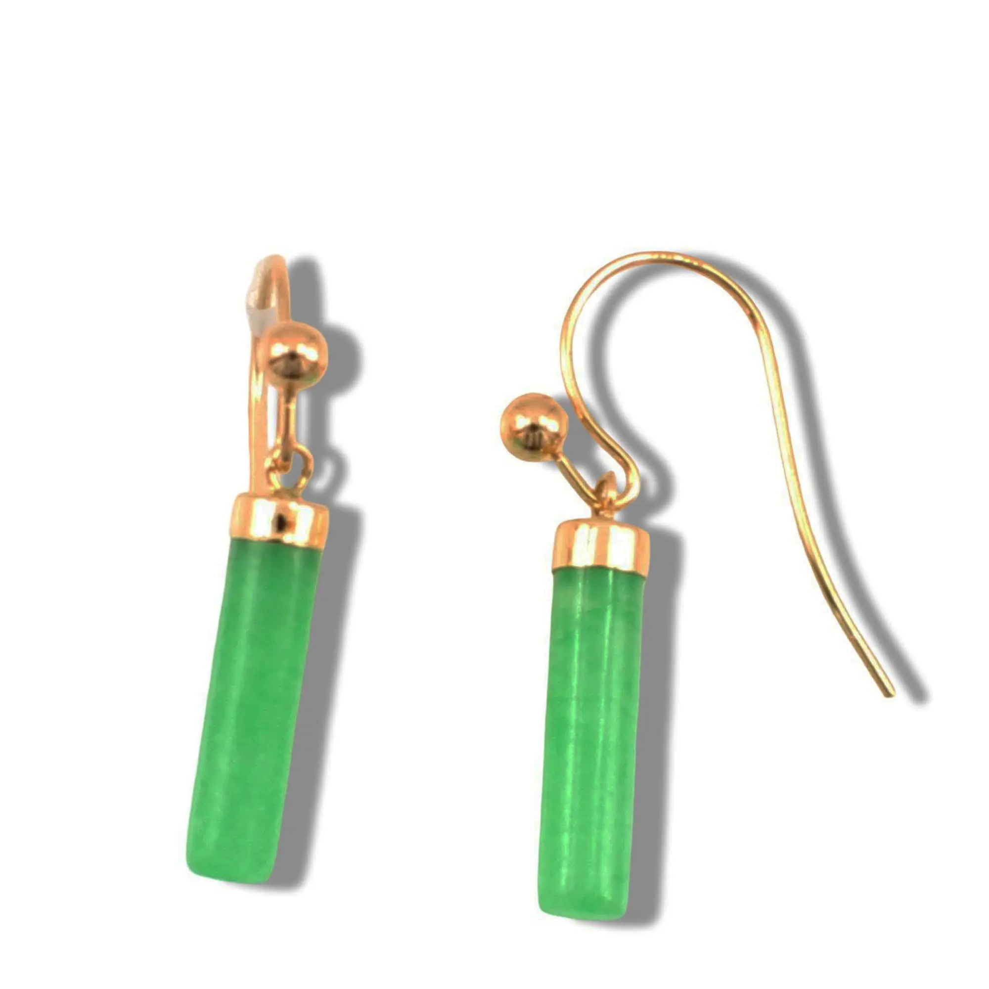 14K Yellow Gold Dangle Green Jade Fish-Hook Earrings
