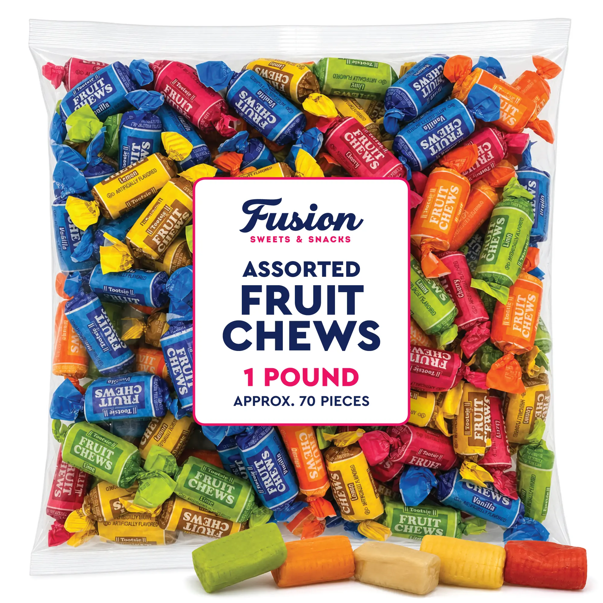 Fruit Chews Sweet Candy - 1 lb Bulk Bag, 5 Assorted Flavors, Soft Fruity Taffy, Individually Wrapped, Gluten-Free, Kosher, Chewy Snack, Approx. 70pcs, Pick and Mix Option, Party Snacks, Candy Dish Staple with Vanilla Notes, 1Lb