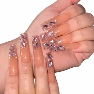 Handmade Nude Pink Glitter Rhinestone Press On Nails Luxury Long Lasting Reusable Acrylic Fake Nails For Women 10pcs