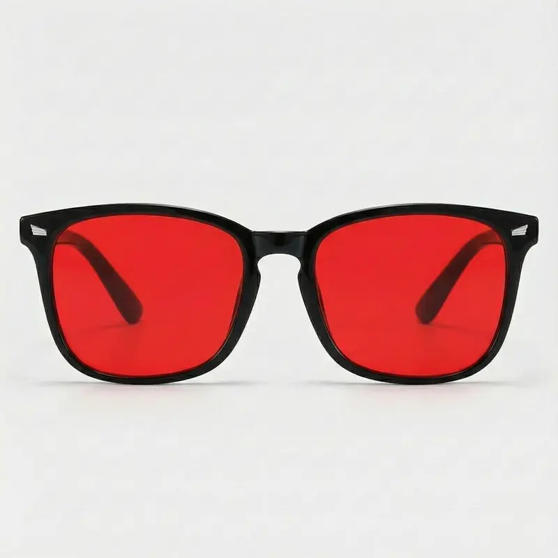Unisex Cherry Red Lens Anti-Blue Light Accessory Non-Prescription Glasses - Full Rim Ergonomic Eye-Friendly Frames & Glasses, Classic Rectangular One-Size, Block 99.9% Blue Light for Restorative Sleep, Nighttime Screen Viewing