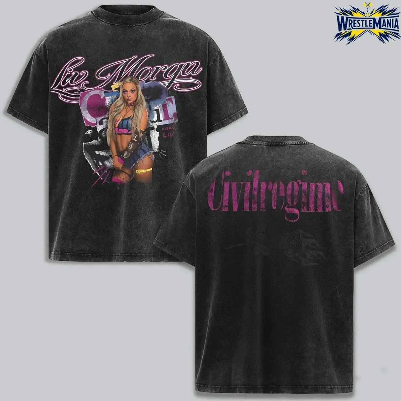 Liv Morgan WWE Civil Regime Inspired Graphic T-Shirt, Pink Aesthetic Wrestling Diva Tee, Vintage Washed Oversized Unisex Streetwear Merch, Bold Collage Fan Apparel, WWE Women Superstar Collectible Shirt G9X