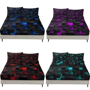 Geometric Cube Print Fitted Sheet Set (3 Pieces, 1 Fitted Sheet + 2 Pillowcases), Modern Tech Aesthetic Bed Sheet Set, Soft Breathable Bedding for Bedroom (Multiple Colors & Sizes Available