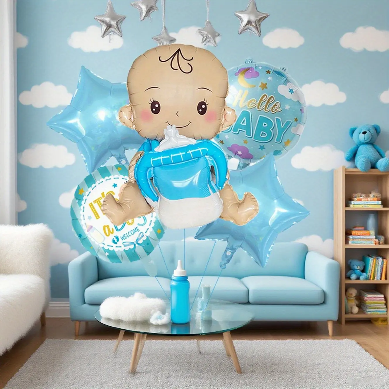 5pcs Blue Children Bottle Doll Balloon Round Aluminum Foil Balloon Set, Birthday Party Balloons Decorations Indoor Ornament Supplies