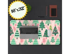 Pink Christmas Desk Mat Cute Bright Green Tree Office Decor Girly Holiday Desk Pad Coworker Gift Festive Office Accessories