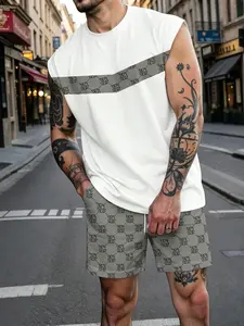 Men's American High Street Floral Print Casual Sleeveless Set, Vintage Patchwork Design, Breathable, Streetwear Daily Wear
