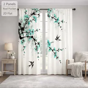 2Pcs Chinese Style Plum Blossom & Bird Pattern Decorative Sun Blocking Curtains Digital Printed Rod Pocket, Window Treatment For Bedroom Office Kitchen Living Room Study Home Decor