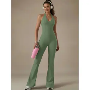 Women's Stretchy Lace Trim Jumpsuit, Slim-Fitting Bell Bottom Jumpsuit, Sporty Yoga Fitness Gym Wear for All Seasons, Workout Jumpsuits