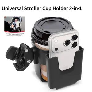 Universal Stroller Cup Holder 2-in-1 Adjustable Bike Drink Holder with Phone Holder, Wheelchair Rollator Scooter Walker Accessories, Black, Mother’s Day Gift, Father’s Day Gift, Birthday Gift