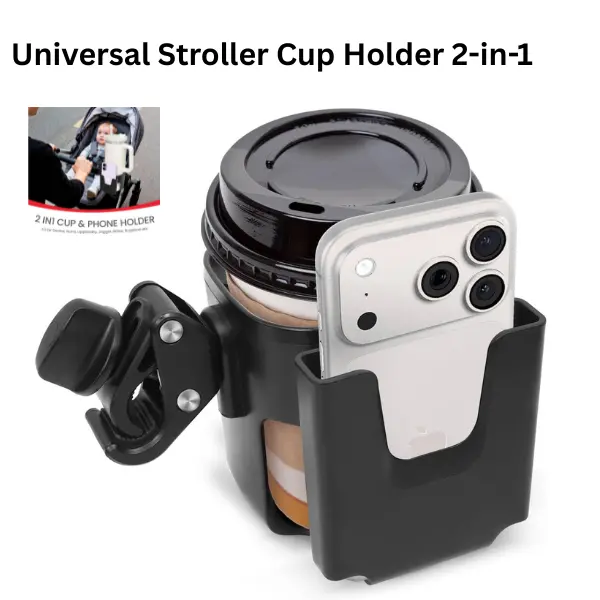 Universal Stroller Cup Holder 2-in-1 Adjustable Bike Drink Holder with Phone Holder, Wheelchair Rollator Scooter Walker Accessories, Black, Mother’s Day Gift, Father’s Day Gift, Birthday Gift
