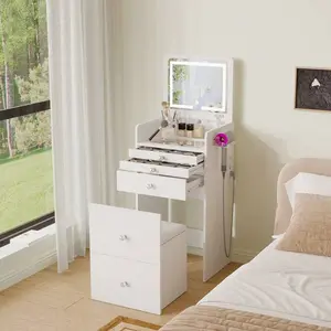 3 In 1 Makeup Vanity Desk With Flip Top Mirror, 19" Compact  Vanity Table With Visible Glass Desktop & Power Outlet, 3 Color Modes, Come With 3 Drawers & Storage Stool, Bedroom Small Vanity Set For Grils Women, Gifts For Christmas
