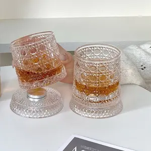 2pcs Luxury Glass Cups, 360° Rotating Design, Diamond Pattern, Ideal for Whiskey, Wine, Beverages, Birthday, Holiday, Home Bar Party, Drinking Glass
