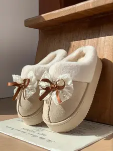 Women's Casual Winter Plush Slippers, Slippers Indoor, Casual Home Slippers, Comfortable PVC Sole Textile Upper, Above Ankle Below Knee Height, All Season Wear