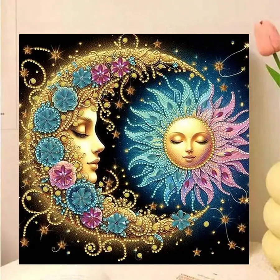 Flower Starts Moon Fairy Diamond Painting Art 5d Diy Kits Sun And Moon Face Full Round Drills Cross Stitch Pattern Mosaic Home Decor Needle Crafts Kit Handicraft