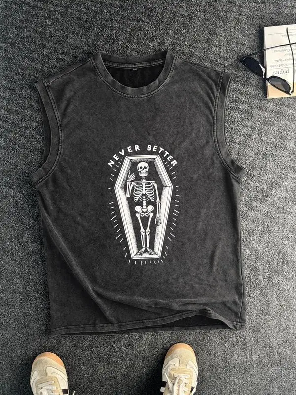 Cotton Vintage Distressed Men's Women's Vest Round Neck Trendy Sleeveless Shirt, Summer Fashion Unisex, Casual Knitwear, Age 35-44, Moderate Thickness