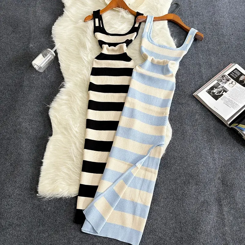 New style2025 Stripe Summer Elastic Split Bodycon Dress Sexy Beach Vacation Sundress Casual Slim Pencil Vestidos Maxi Long Dress