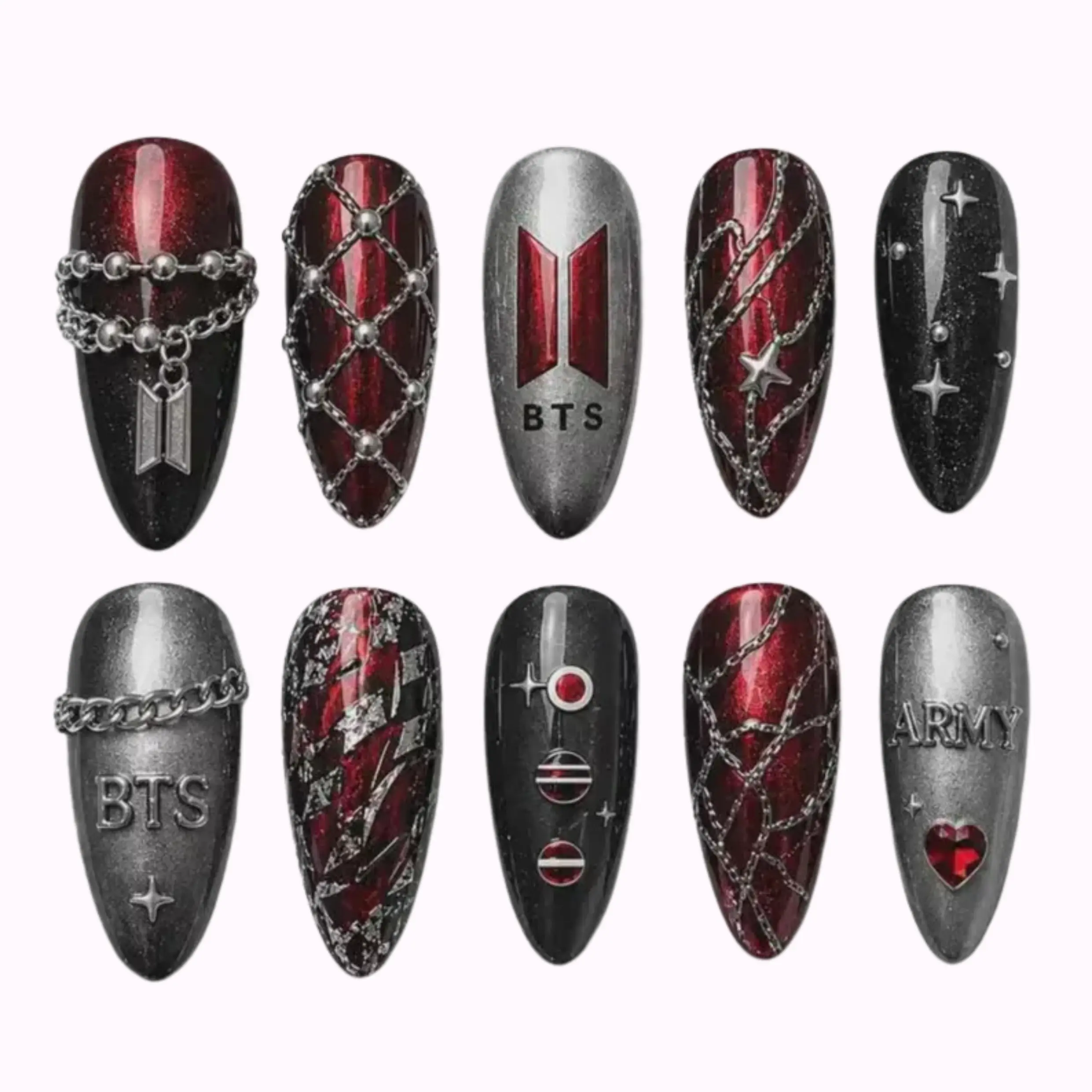Bts Army Press On Nails | Red Black Chrome Nails | Kpop Concert Inspired Nail Set | Metallic Chain Gothic Almond Nails