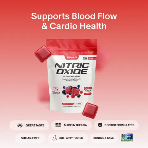 Snap Supplements - Nitric Oxide Beet Chews - 5,000mg of beets - 30 Servings - Natural Supplement Soft Chews - Mixed Berry Flavor - Sugar Free