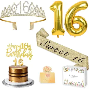 Sweet 16 Birthday Party Decorations for Girls, Sweet 16 Sash and Crown, Cake Toppers, Birthday Card, Number Candles and Balloons, 16th Birthday Gifts for Girls