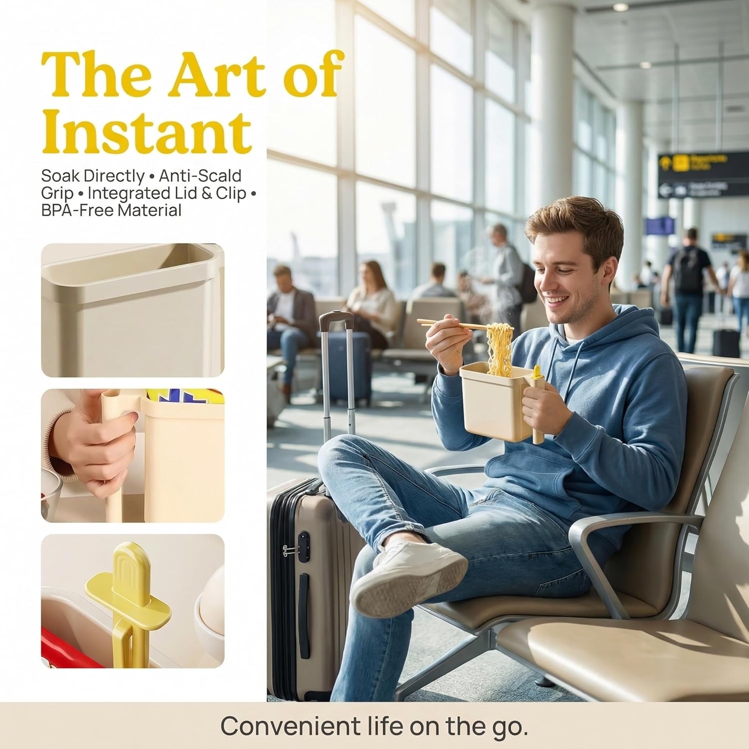 Collapsible Noodle Bowl in a Bag - Leak-Proof Heat-Resistant Ramen Kit with Spork, Foldable for Backpacking, Work Lunch, Emergency Food Prep