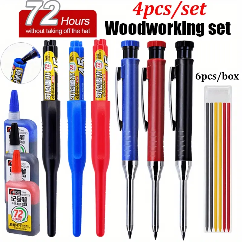 4pcs/set new creative high-quality Durable woodworking set, equipped with deep hole long head marking pen and 2.8mm metal woodworking pencil, used for deep hole marking and drawing, office marking, Long Head Marker, Woodworking Tasks