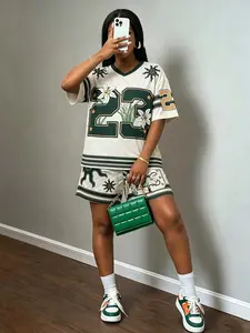 Retro Eagle Pattern Mesh Jersey Two Piece Set - Breathable Loose Top and Shorts, Street Style, Perfect for Casual Days, Game Nights, and Outing. Enhance your summer wardrobe with this viral TikTok trend! Womenswear