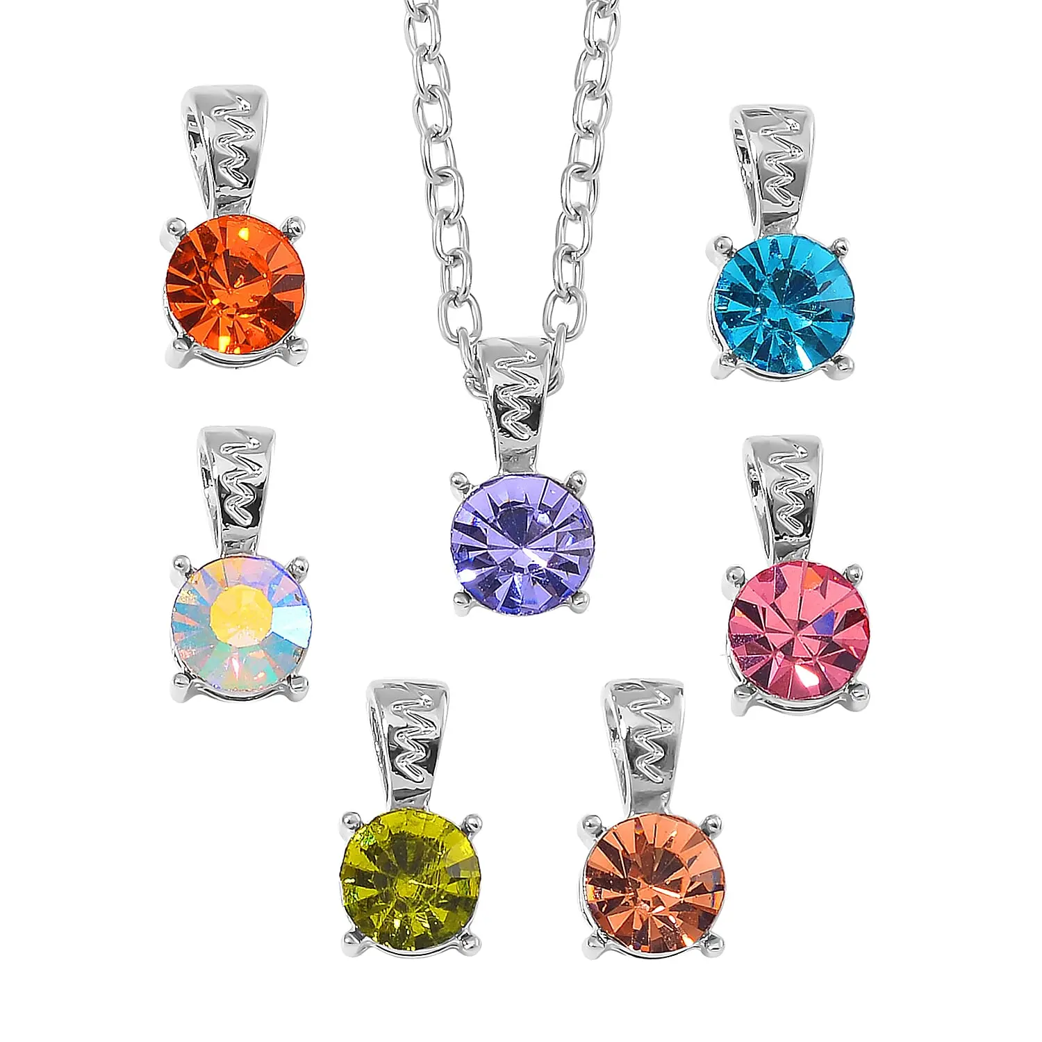 TLV Multi Color Austrian Crystal Set of 7 Pendants Necklace (20 Inches) in Silvertone